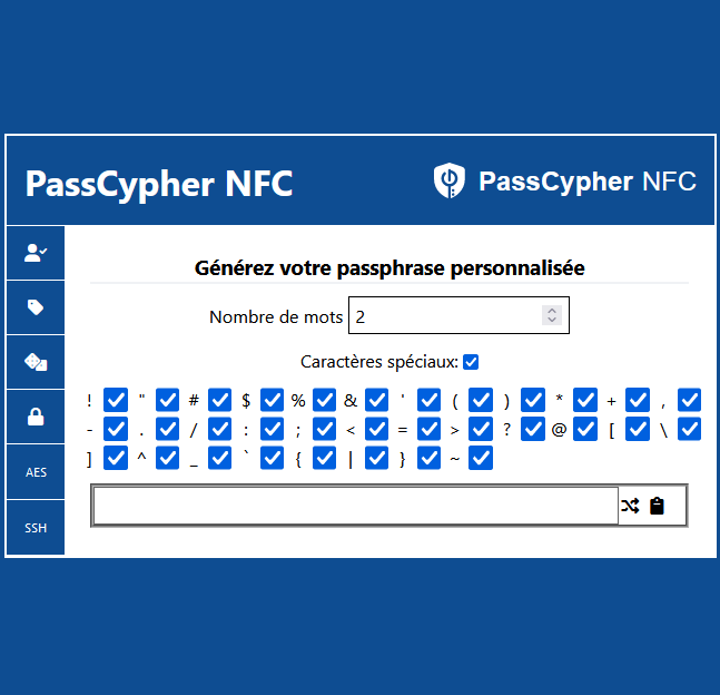 Screenshot of PassCypher HSM interface for generating personalized passphrases.