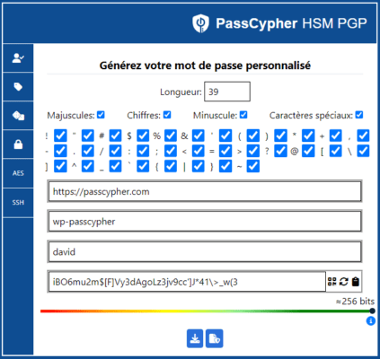 Interface of the PassCypher HSM PGP password generator with various options for password creation.